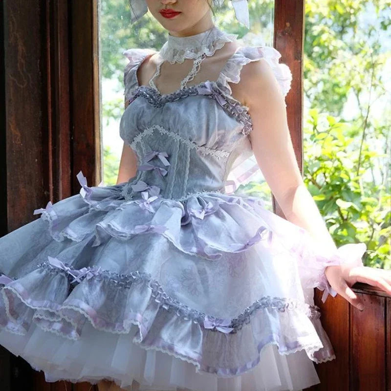 Hnewly DRESS TO IMPRESS Sweet Girls Lolita Jsk Dress Women Vintage Y2k Bow Ruffle Flyling Sleeve Party Princess Dresses Japanese Fairy Ballet Mini Dress