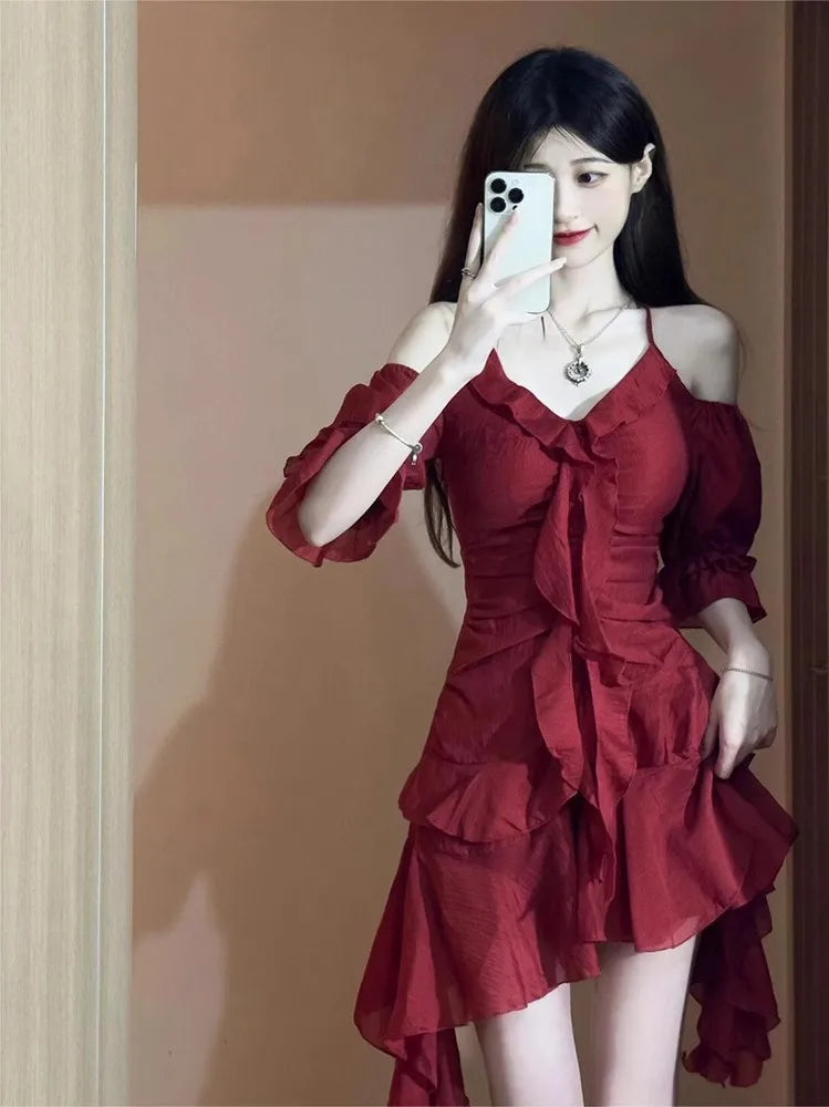 Hnewly 2024 New Red French Elegant Y2k Mini Dress Even Party Short Sleeve Woman Vintage One Piece Dress Korean 90s Fashion Summer Chics