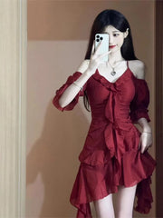 Hnewly 2024 New Red French Elegant Y2k Mini Dress Even Party Short Sleeve Woman Vintage One Piece Dress Korean 90s Fashion Summer Chics