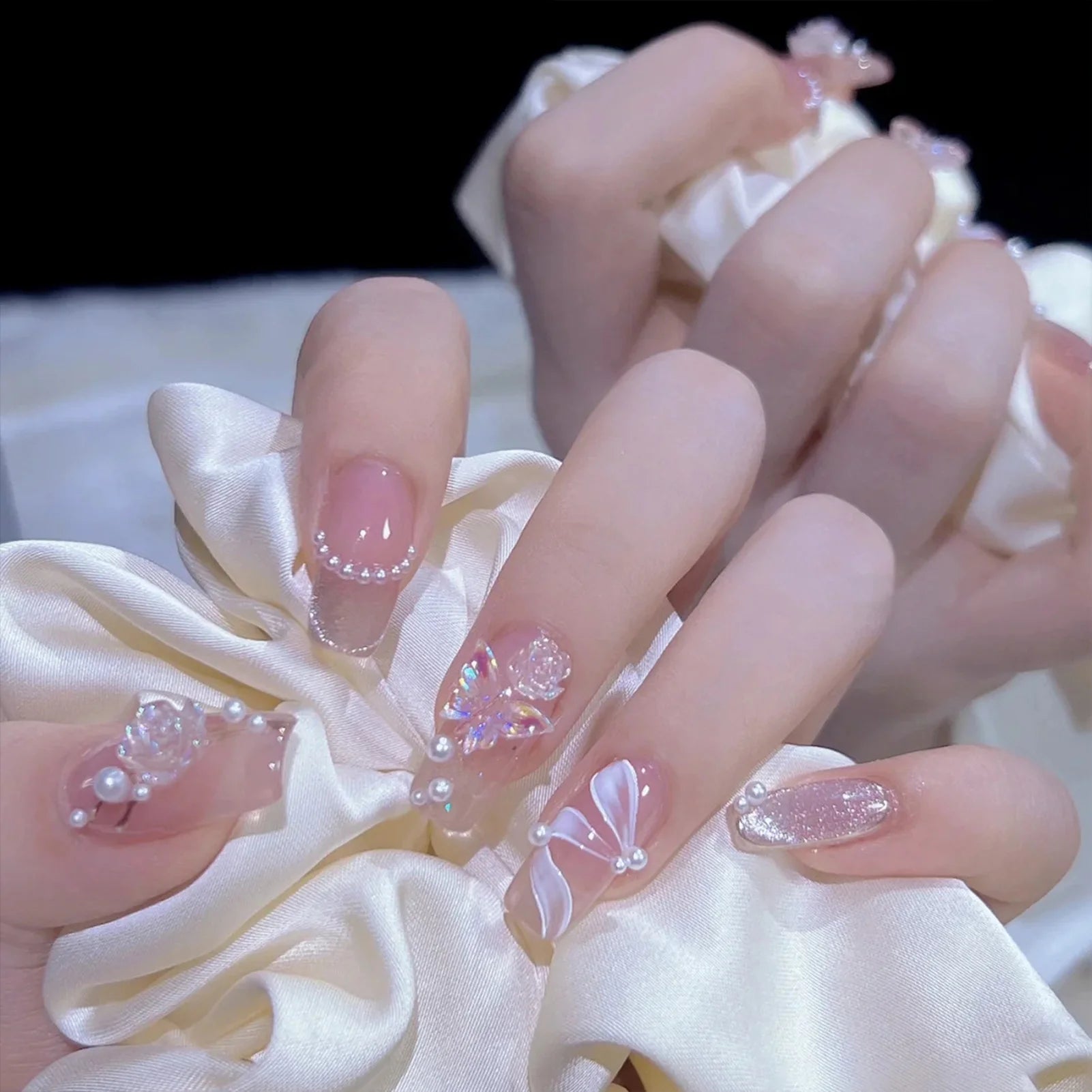 Hnewly Medium Length Fake Nails 3D Flower Pearl Designs Nude Pink Color Press on Nails Ballerina False Nails for Women DIY Manicure