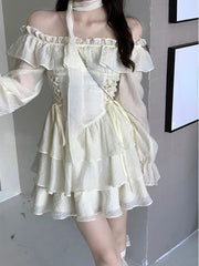 Hnewly Summer Elegant Ruffles Fairy Dress Women Casual Sweet Lolita Party Dress Long Sleeve One Piece Dress Korean Female Fashion