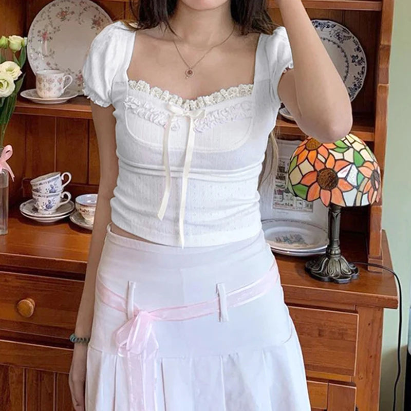 Hnewly Cute Coquette Pink Crop Top Kawaii Ruched Stitching Square Collar White Short Sleeve T Shirts Women Summer Y2k Tees Lady