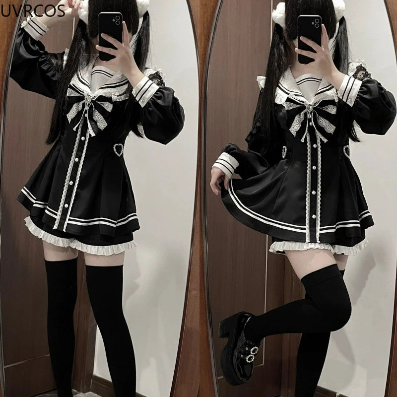 Hnewly DRESS TO IMPRESS Japanese Style Gothic Y2k Lolita Bow Dress Shorts Set Women Vintage Sweet Long Sleeve Button Shirt Party Dresses Slim Mini Dress