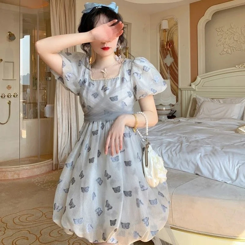 Hnewly Spring Vintage Fairy Dress Casual Printing Women Patchwork Mini Dress Ladies Elegant Princess Korean Mesh Party Dresses Y2k