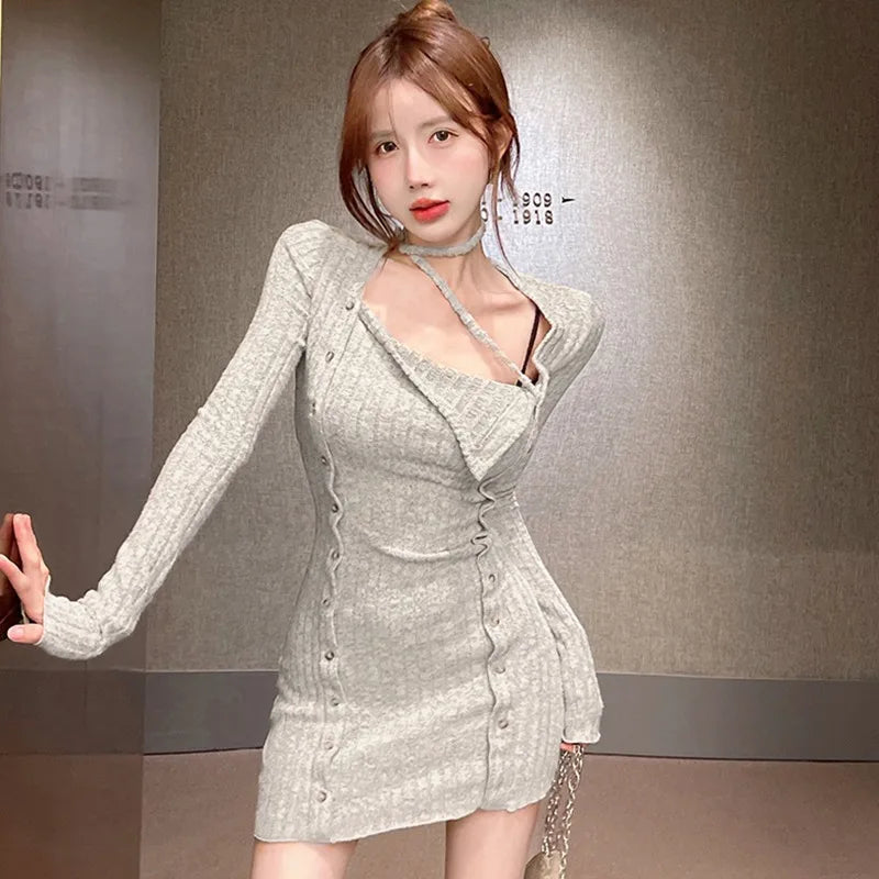 Hnewly FALL OUTFITS Women Long Sleeve Tight Dress Split Short Slim Fit Dress Lady Autumn Hanging Neck Dress Sexy Party Halter Elastic Bodycon Dress