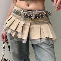 Hnewly Fairycore Grunge A-line Cargo Skirt Khaki Low-waisted Mesh Patchwork Pleated Super-short Skirts Layering Bottoms Street