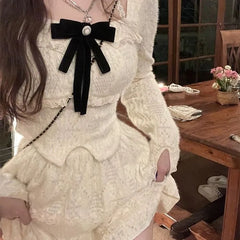 Hnewly DRESS TO IMPRESS Spring Summer New Two Piece Sets Elegant Velvet Lace Square Collar Slim Fit Tops Women+ Y2k High Waist Ruched A-line Skirts