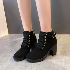 Hnewly Boots Women Shoes Women Fashion High Heel Lace Up Ankle Boots Ladies Buckle Platform Artificial Leather Shoes bota feminina