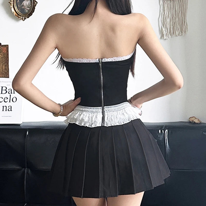 Hnewly y2k Tube Top Women Coquette Clothes Lace Trim Off Shoulder Strapless Sleeveless Zip Up Bandeau 2000s Vest Clothing