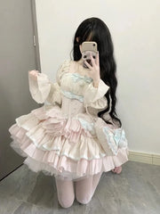 Hnewly Sweet Heavy Lolita Ruched Cake Dress for Women Summer New Slim Waist Dresses Y2k Grunge Long Sleeve Vestidos Mujer