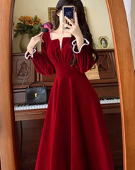 Hnewly DRESS TO IMPRESS Women Vintage A-line Wedding Party Dress Autumn Fashion Elegant Long Sleeve Backless Red Vestidos Female Princess Robe Spring