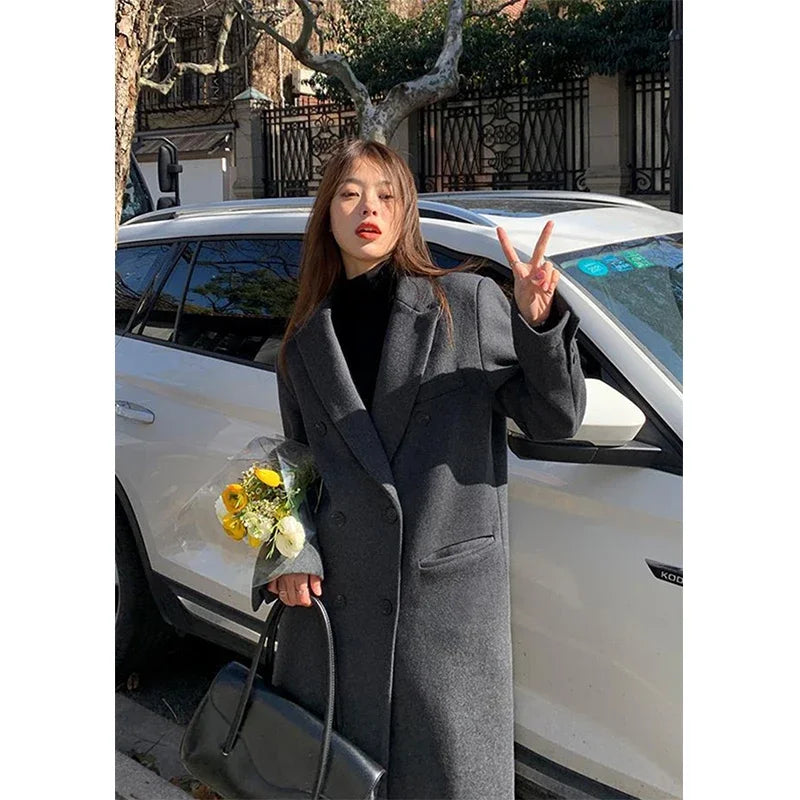 Hnewly outfit inspo winter Long Wool Blends Coats Women Streetwear Black Blazer Korean Quilted Woolen Jackets Winter Elegant Overcoat Thick Outerwear