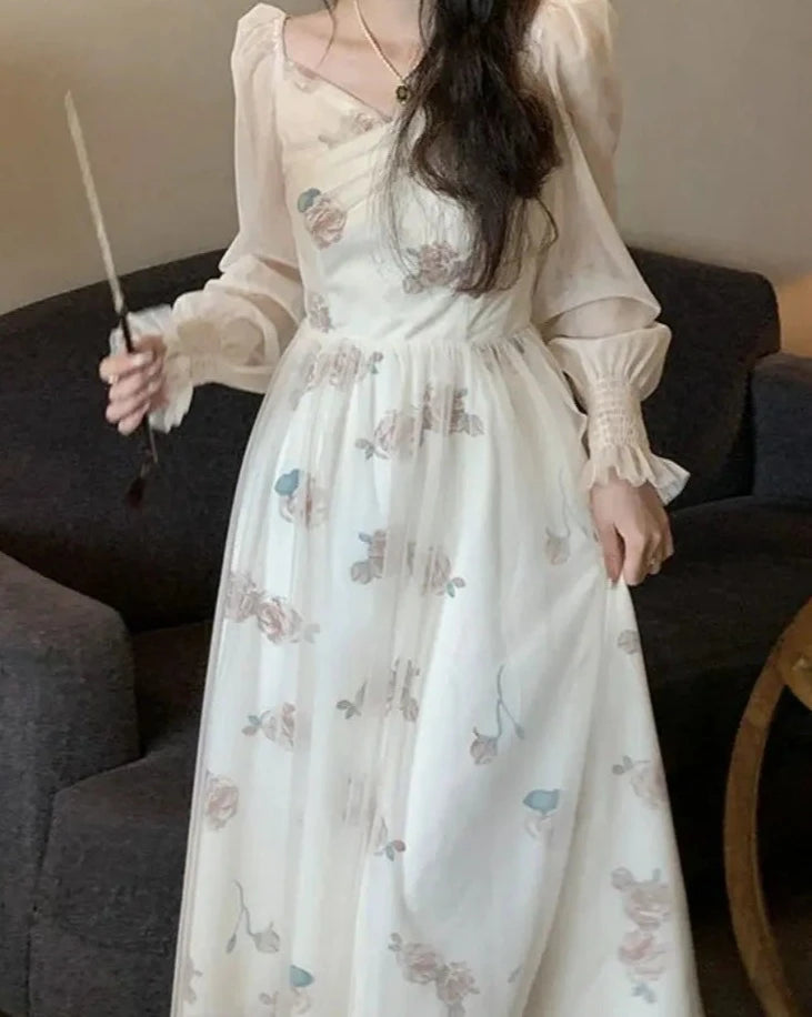 Hnewly Mesh Vintage Long Sleeve Midi Dress Women Casual Korean V-neck Long Fairy Dresses Elegant Women's Dresses for Party 2024 Spring