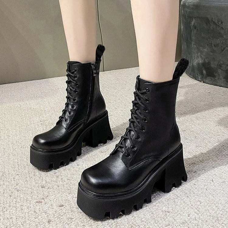 Hnewly Punk Goth Ankle Boots Women Black Chunky Wedge Platform Shoes Woman Lace Autumn Patent Leather Footwear Lady Botas Mujer