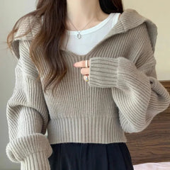 Hnewly Navy Neck V-neck Sweater for Petite Women Loose and Lazy Short Style Worn Outside Pullover Long Sleeved Knit Sweater