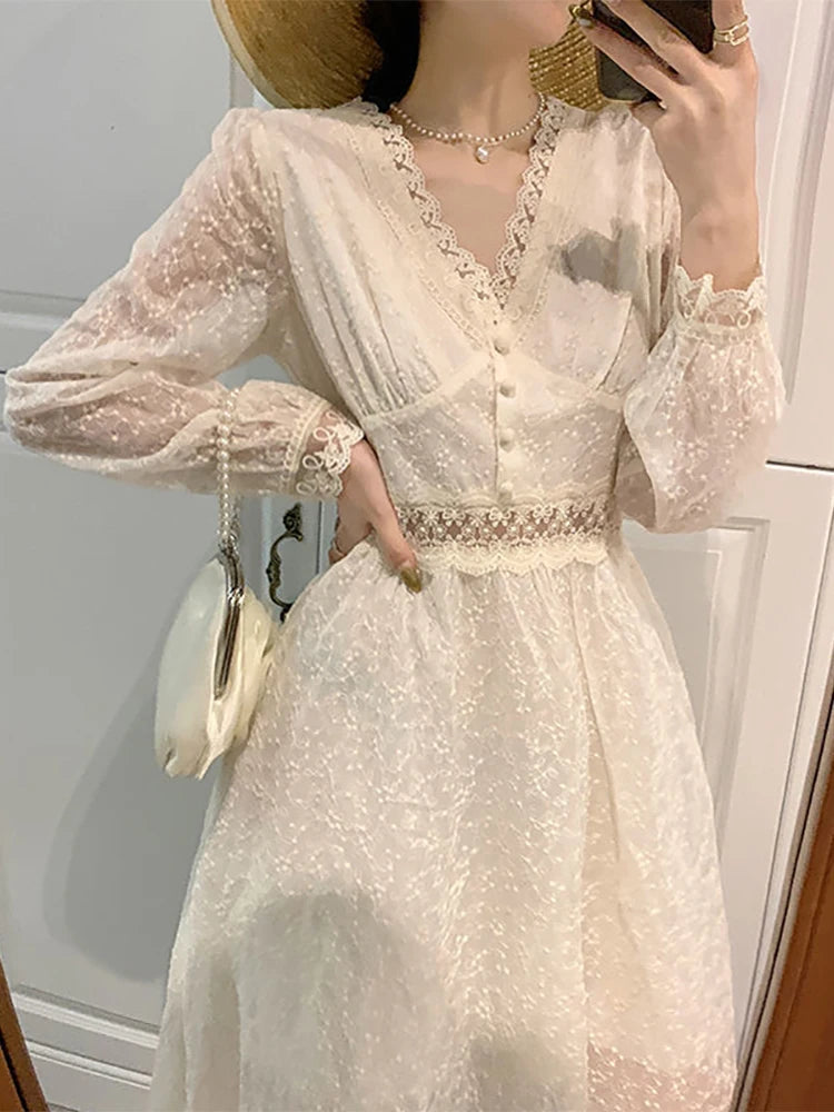 Hnewly Summer Elegant Lace Fairy Dresses Women Embroidery Mesh Sweet Party Long Dress Female Elegant Korean Lolita Princess Dress