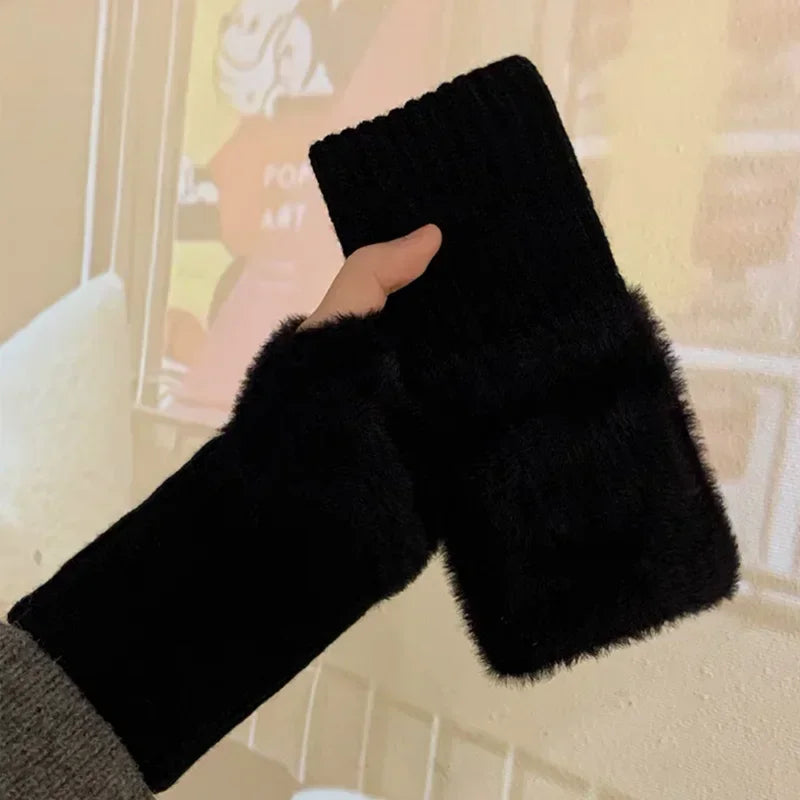 Hnewly Mink Fleece Soft Winter Half Finger Gloves Women Warm Luxury Solid White Plush Knitted Fingerless Gloves Wrist Mittens Writting