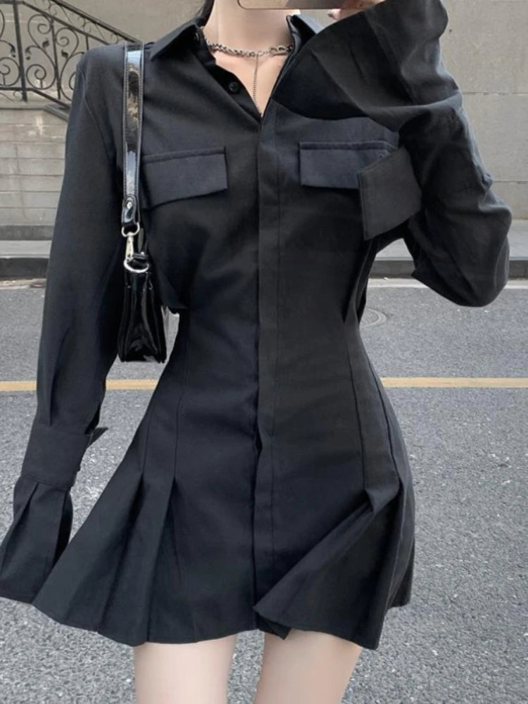 Hnewly Black Shirt Dress Women Elegant Vintage Long Sleeve Dresses Sexy Gothic Pleated Streetwear Turn-down Collar Casual Robe