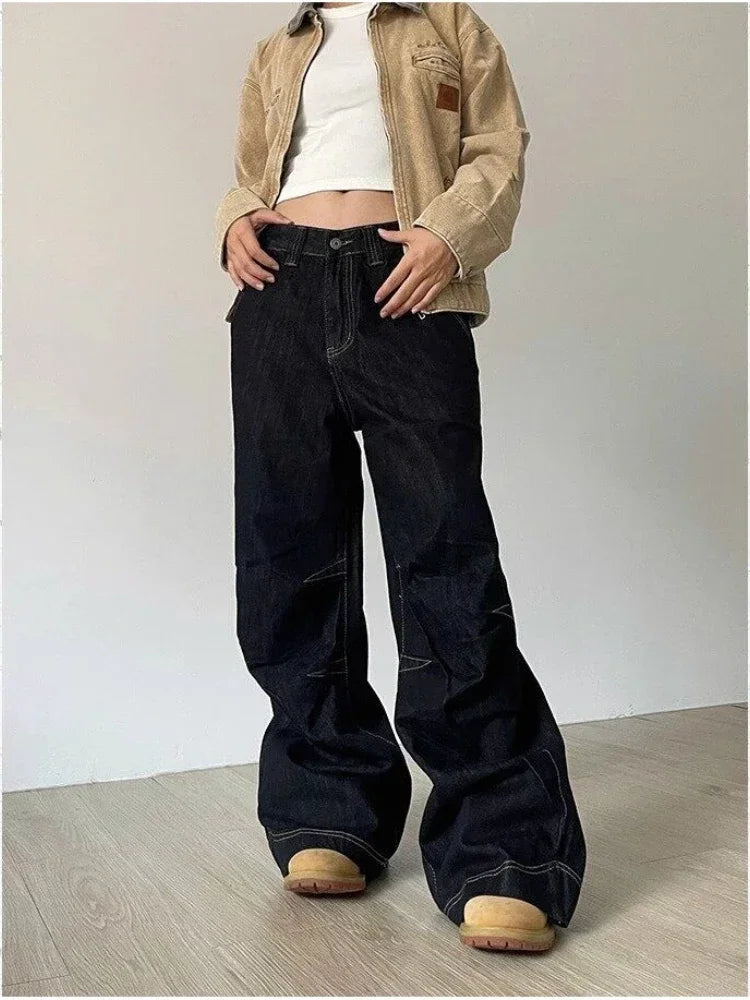 Hnewly Grunge Black Jeans Women Y2k Vintage Oversized High Street Wide Cargo Denim Trousers Casual Baggy Straight Denim Pants