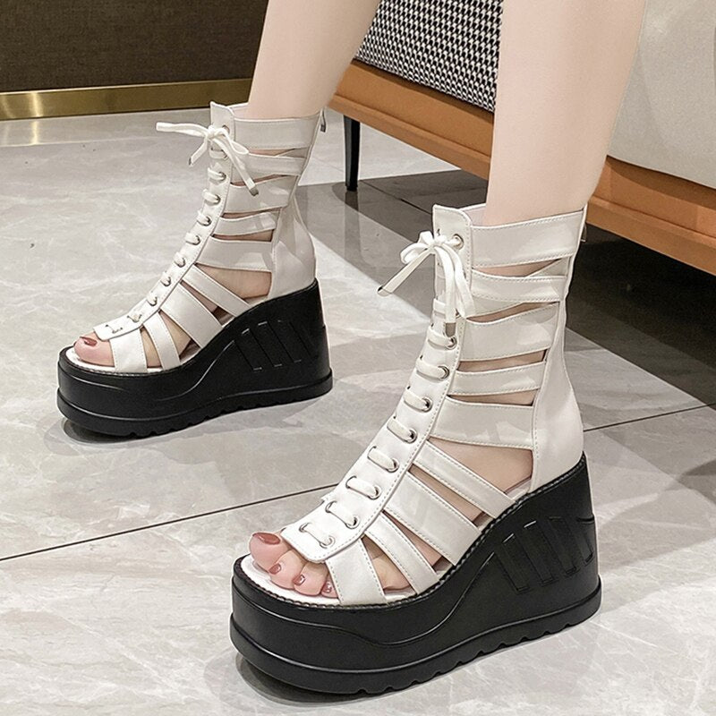 Hnewly Gothic Chunky Platform Sandals Women Summer Punk Wedge High Heels Gladiator Shoes Woman Hollow Out Thick Bottom Sandalias