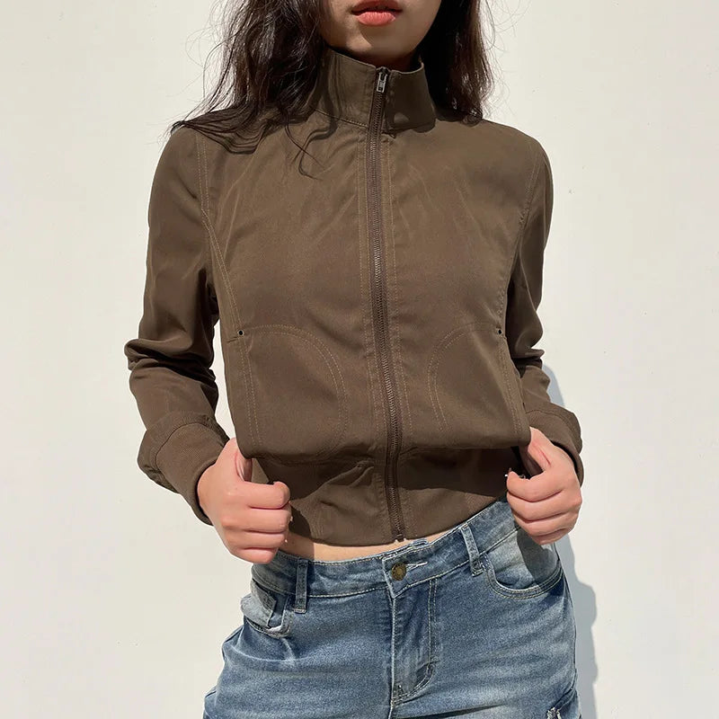 Hnewly Casual Long Sleeves Pockets Cargo Coats Vintage Solid Slim Jackets Y2K Fashion Streetwear Aesthetic Zip Up Clothes