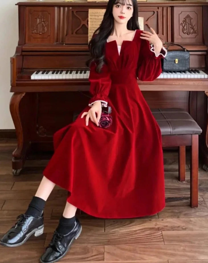 Hnewly DRESS TO IMPRESS Women Vintage A-line Wedding Party Dress Autumn Fashion Elegant Long Sleeve Backless Red Vestidos Female Princess Robe Spring