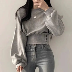 Hnewly Korean Chic Autumn Round Neck Buckle Waist Slimming Long Sleeve Short Pullover Women Hoodie Top Gray Sweatshirt Women Clothing