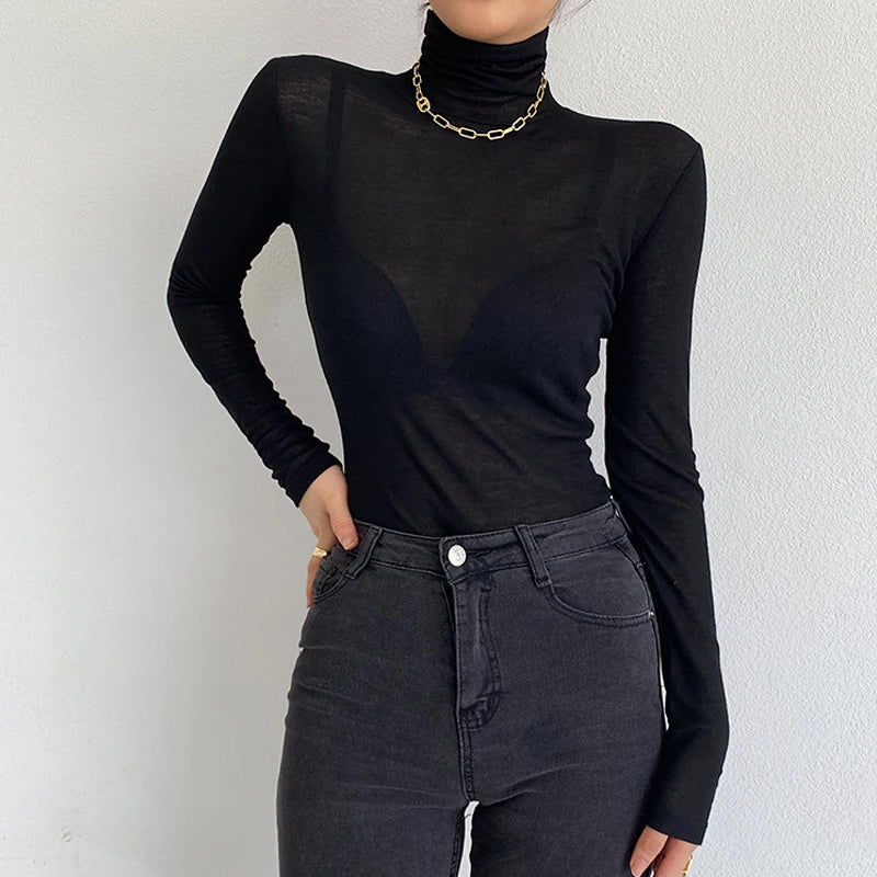 Hnewly New Basic Turtleneck Long Sleeve Women T-shirt Autumn Winter Long Sleeve Slim Stretch Tops Ladies Sexy All-match Tees