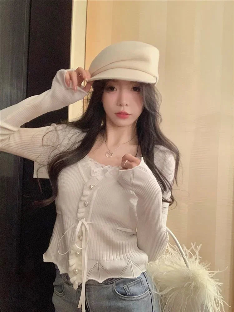 Hnewly Sweet Fresh V-neck Lace Patchwork Tops Women Autumn Bandage Ruffles Sweaters Harajuku Slim Fit Long Sleeve Knitted Cardigan