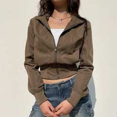 Hnewly Casual Long Sleeves Pockets Cargo Coats Vintage Solid Slim Jackets Y2K Fashion Streetwear Aesthetic Zip Up Clothes