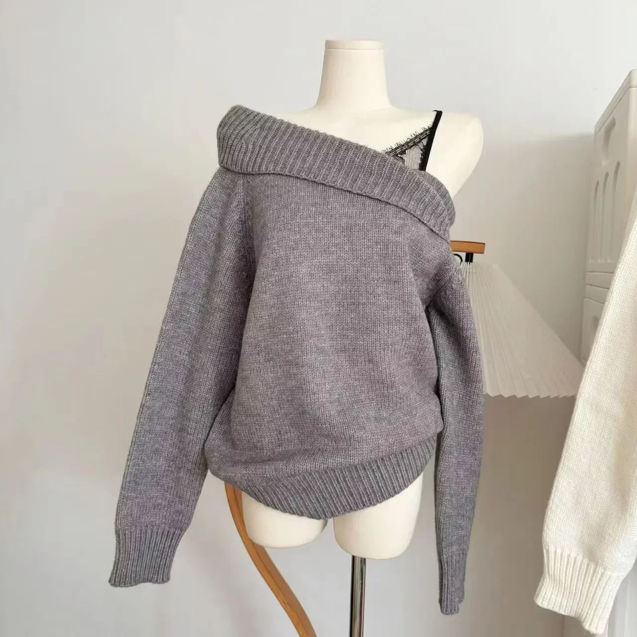 Hnewly cute winter outfits 2000s Vintage Cltohing Long Sleeve Sweater Gyaru Off Shoulder Jumpers Korean Winter Women Casual Fake Two Pieces Knitwear Y2k