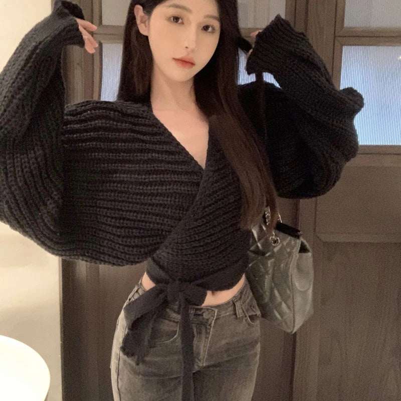 Hnewly Sexy Vintage Knitted Pullover Women Black Sweater Lace Up Crop Tops Korean Style Long Sleeve Pullovers Solid Aesthetics