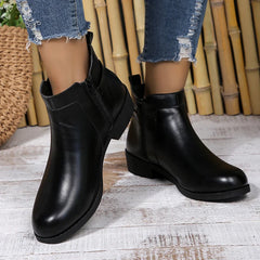 Hnewly Pu Leather Classics Black Thick Heel Ankle Boots Metal Zipper Low Platform Woman Shoes Winter Round Toe Slip On Short Boots