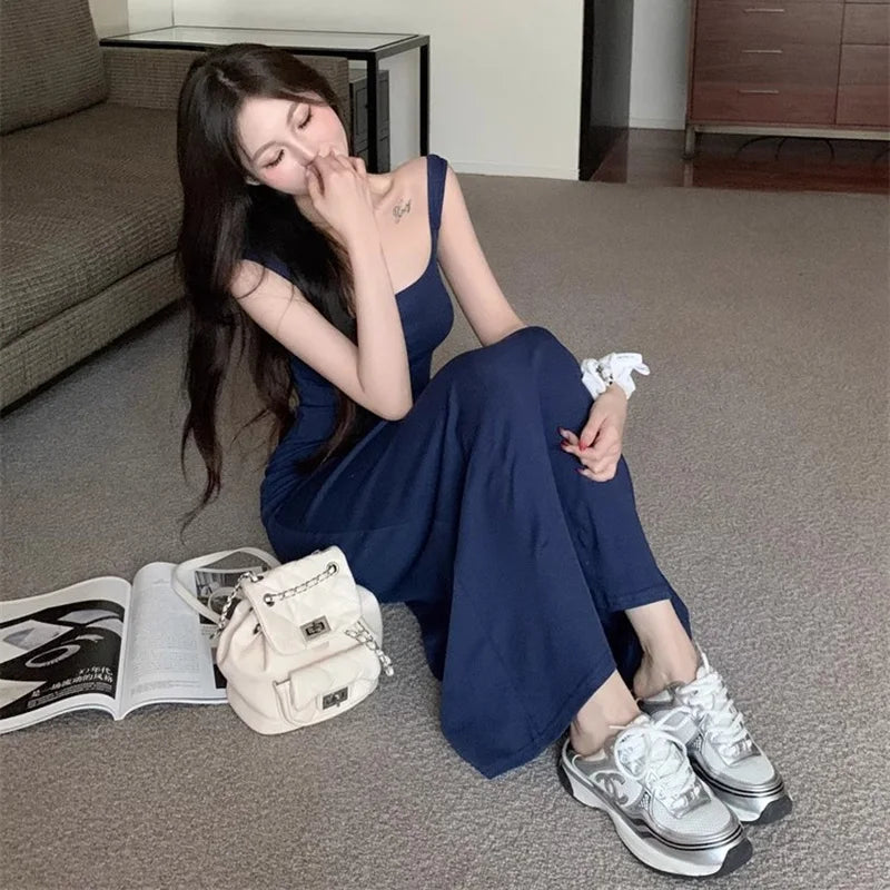 Hnewly Summer Women Versatile Streetwear Dress Lady Fashion Navy Blue Suspender Dress Female Daily Off Shoulder Slim Fit Long Dress