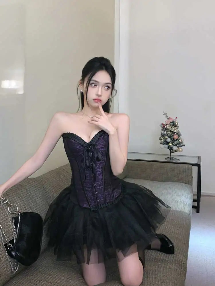 Hnewly DRESS TO IMPRESS Overbust Corset Tulle Tutu Women 2-piece Set Hooks & Eyes Boned Lace-up Textured Tube Top Puffy Miniskirt Goth Outfits