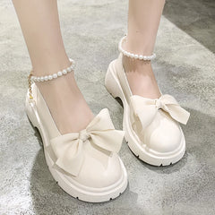 Hnewly Fashion Mary Jane Shoes Women Spring/summer New Pearl Bow Single Shoe Chunky Heel Small Leather Shoes