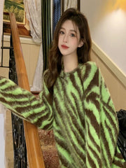 Hnewly Women's Clothes Sweater Loose Korean Fashion Leisure Green Crew Neck Tiger Stripes Pullover Long Sleeves Knitting Autumn Tops