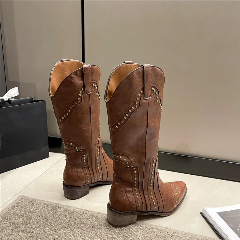 Hnewly Studded Boots Women Low Heel Cowboy Chelsea Western Short Leather Knee High Luxury Designer Gothic New Rock Shoes Vintage