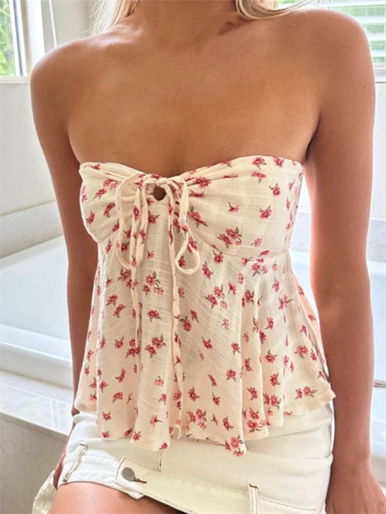 Strapless Off Shoulder Ruched Tube Tops Women Front Tie-up Ruffles Summer Party Clubwear Tank fLORAL pRINT Mini Vest