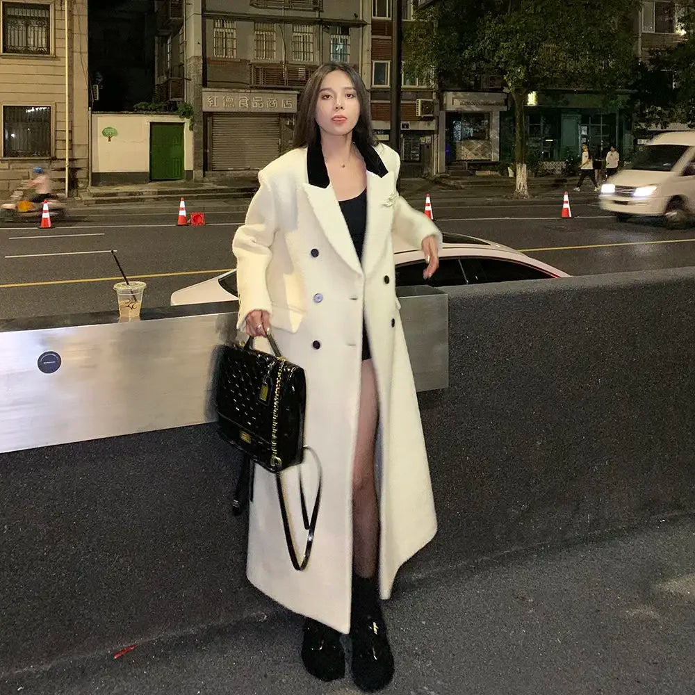 Hnewly WINTER OUTFITS White Suit Coat Women Winter Jackets New Korean Fashion  Loose Temperament Mid Length Thick Long Coats Autumn Clothing