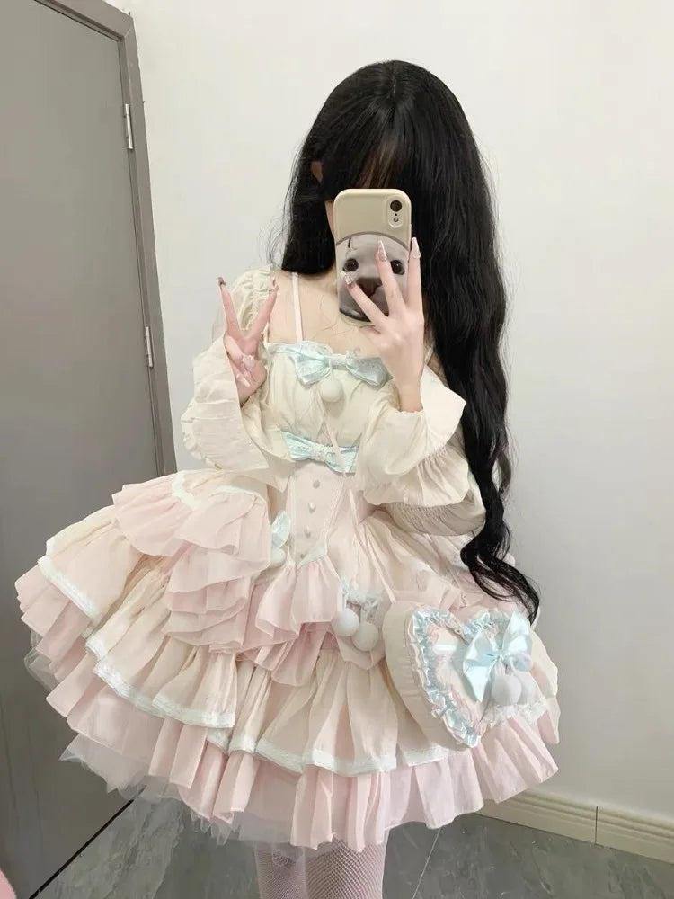 Hnewly Sweet Heavy Lolita Ruched Cake Dress for Women Summer New Slim Waist Dresses Y2k Grunge Long Sleeve Vestidos Mujer