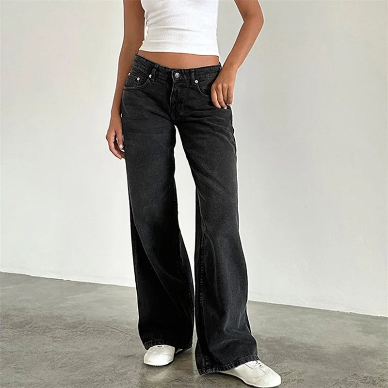 Hnewly y2k Jeans Women Clothes Fashion Solid Color Low Waist Waist Wide Leg Denim Pants Trousers with Pockets 2000s Streetwear