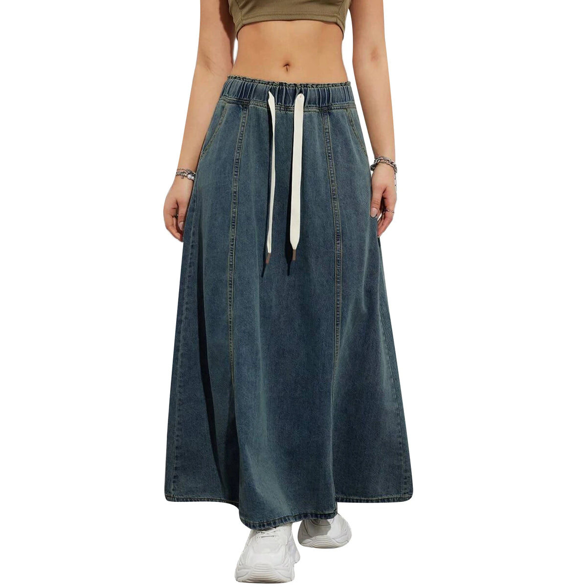 Hnewly Spring Autumn Women's Denim Midi Skirt Korean Low Waist Long Skirts Women Y2K Clothes Streetwear Casual Loose Straight Skirts