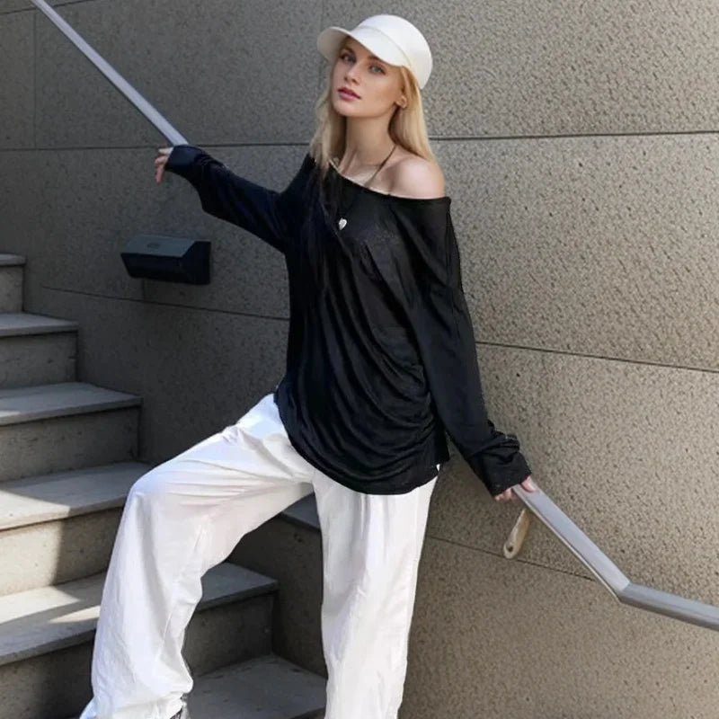 Hnewly Sexy Sheer Baggy T-shirt for Women 2024 Summer Casual Fashion Loose Pullovers Chic Lazy Solid Color Off Shoulder Top Streetwear