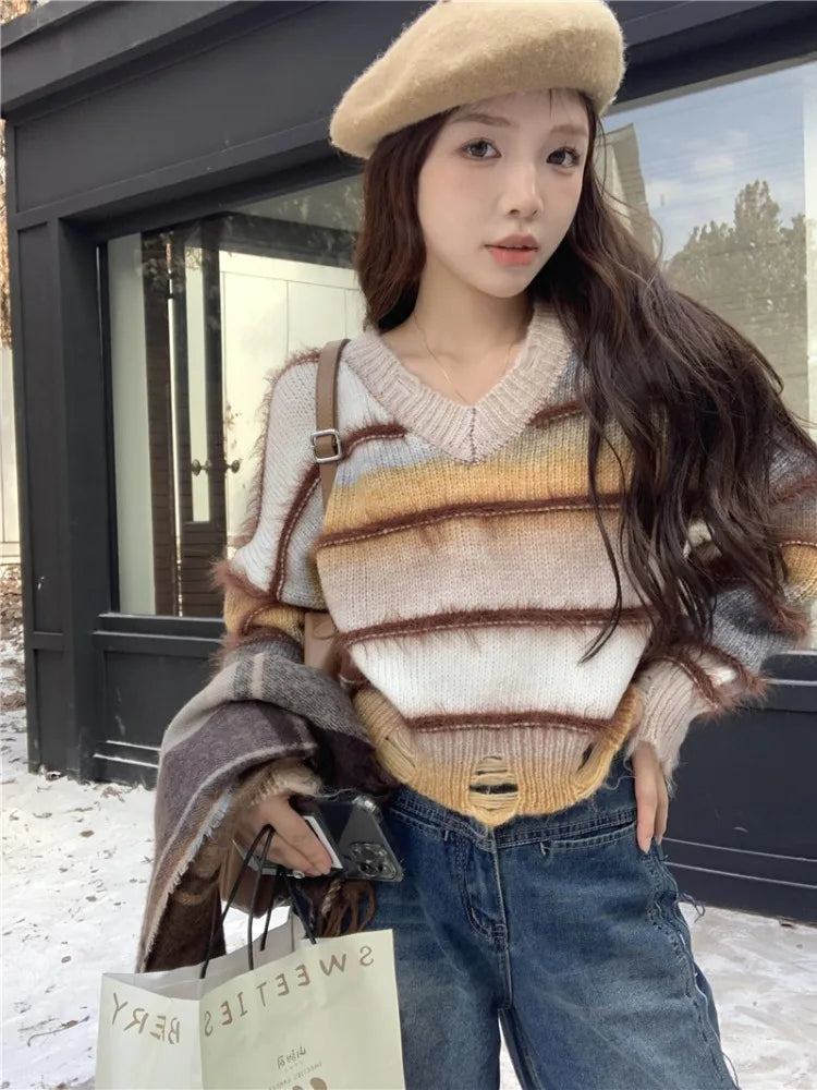 Hnewly Women Striped Pullover Knitted Sweater 90s Aesthetic Harajuku Long Sleeve Sweater Y2k 2000s Vintage Fashion Clothes 2024