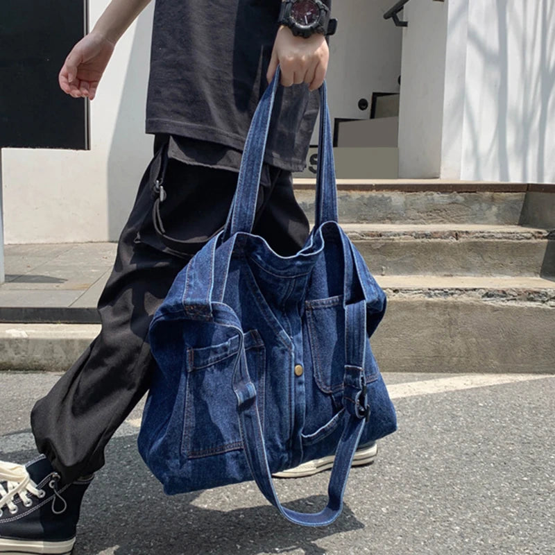 Hnewly BACK TO SCHOOL Denim Tote Bags for Women and Man Large Capacity Design Handbag Unisex Casual Blue Shoulder Shopping Pack Jeans Japan Style Y2K