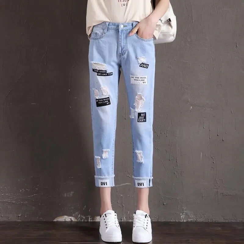 Hnewly Pants for Women Embroidered with Holes Women's Jeans Torn Straight Leg Ripped Stretch Hippie Cowboy Baggy Wide Vintage Trousers