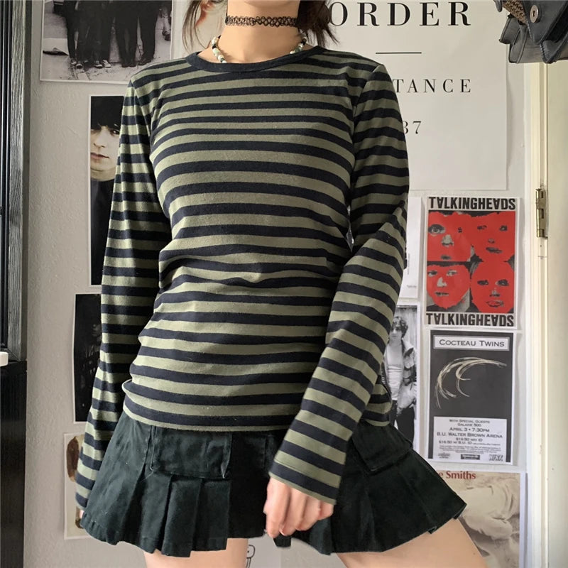 Hnewly y2k Women T Shirt Streetwear Striped Long Sleeve T-Shirt Pullover Tops Teen Girl T-Shirt 2000s Aesthetic Gothic Clothes