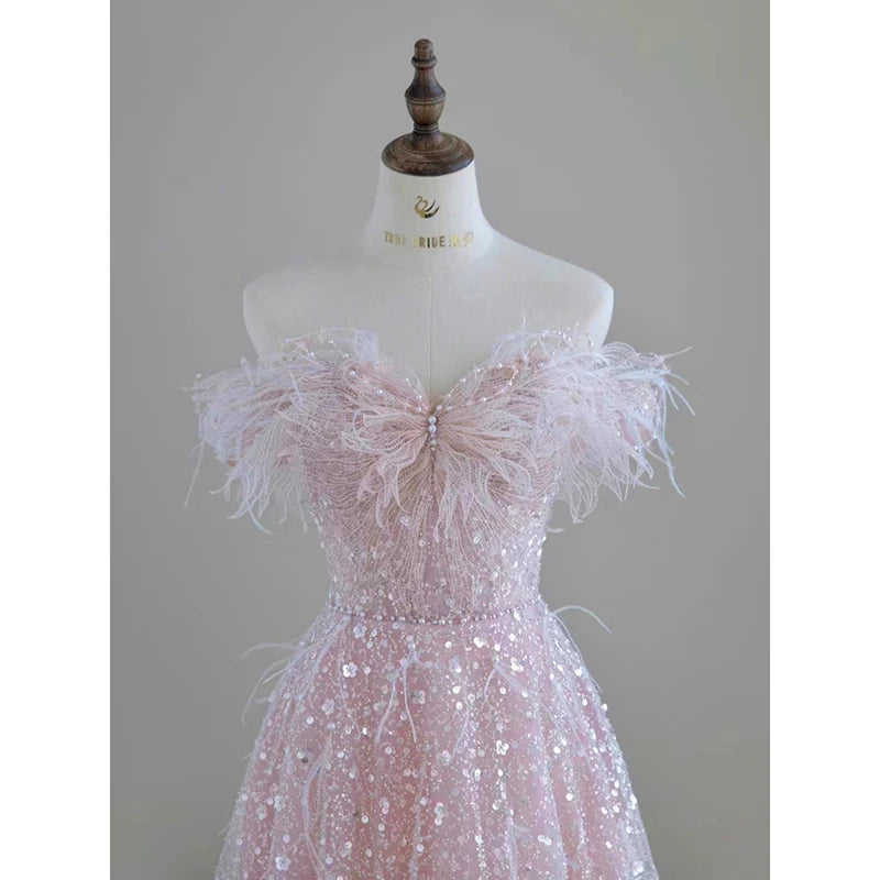 Hnewly DRESS TO IMPRESS Pink Feather Sequin Evening Dress Bridal Dress Sleeveless V-neck Back Lace-up Birthday Party Gown Anniversary Dresses