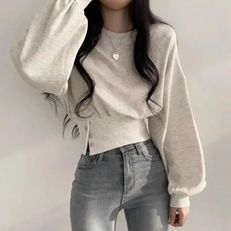 Hnewly Korean Chic Autumn Round Neck Buckle Waist Slimming Long Sleeve Short Pullover Women Hoodie Top Gray Sweatshirt Women Clothing